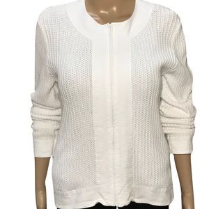 White Zip Up Talbots Cotton Knit Sweater Jacket Size M